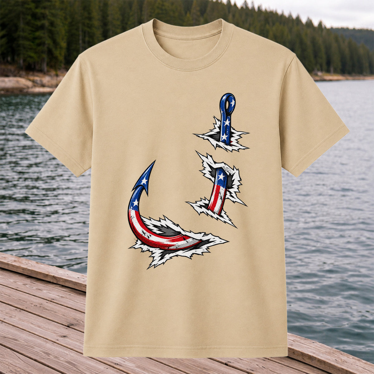 Patriotic American Flag Fishing Hooks Graphic T-Shirt