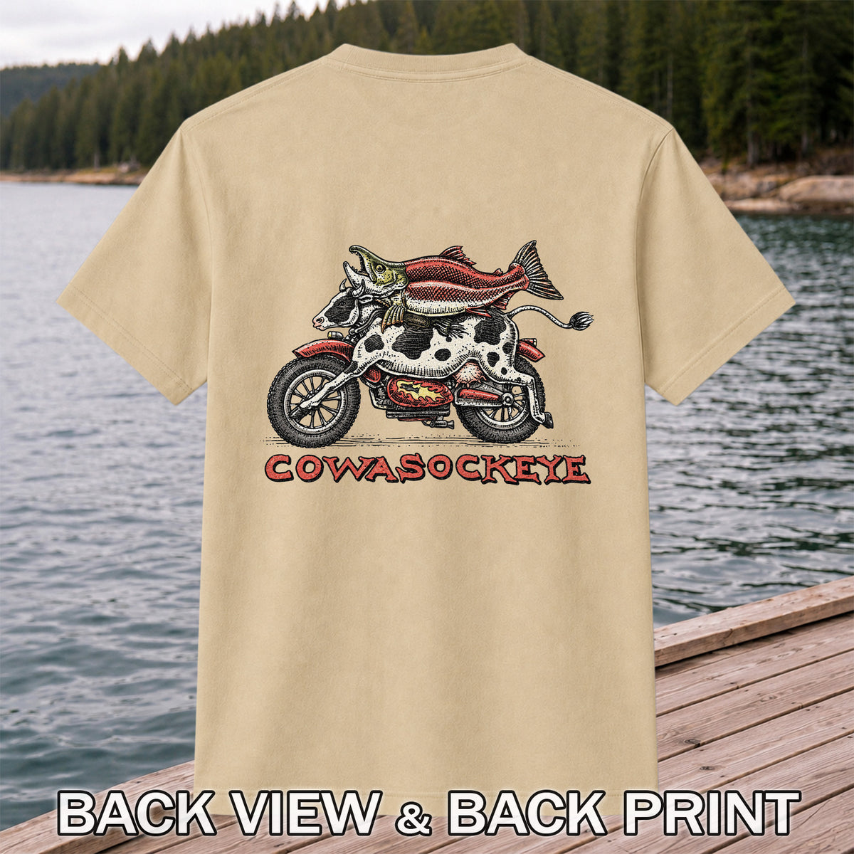 Cowasockeye Trout Motorcycle Funny Fishing Graphic T-Shirt | Back Print