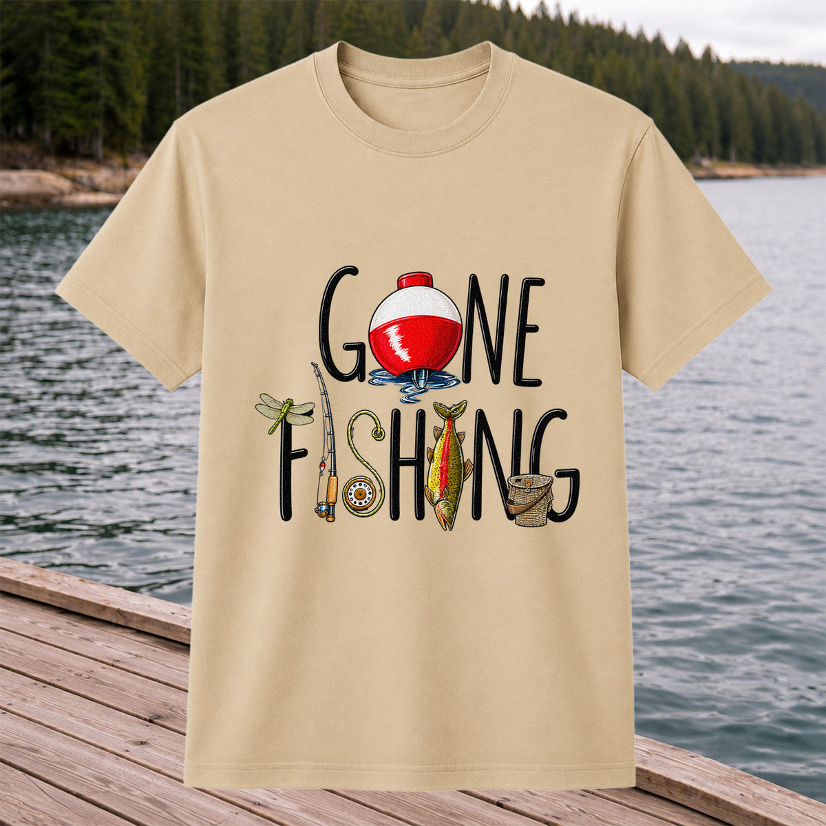 Gone Fishing Bobber Rod and Lure Graphic T-Shirt