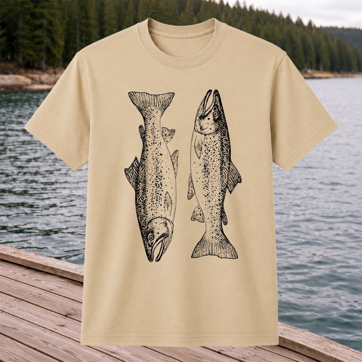 Two Salmon Vintage Line Art Fishing Graphic T-Shirt