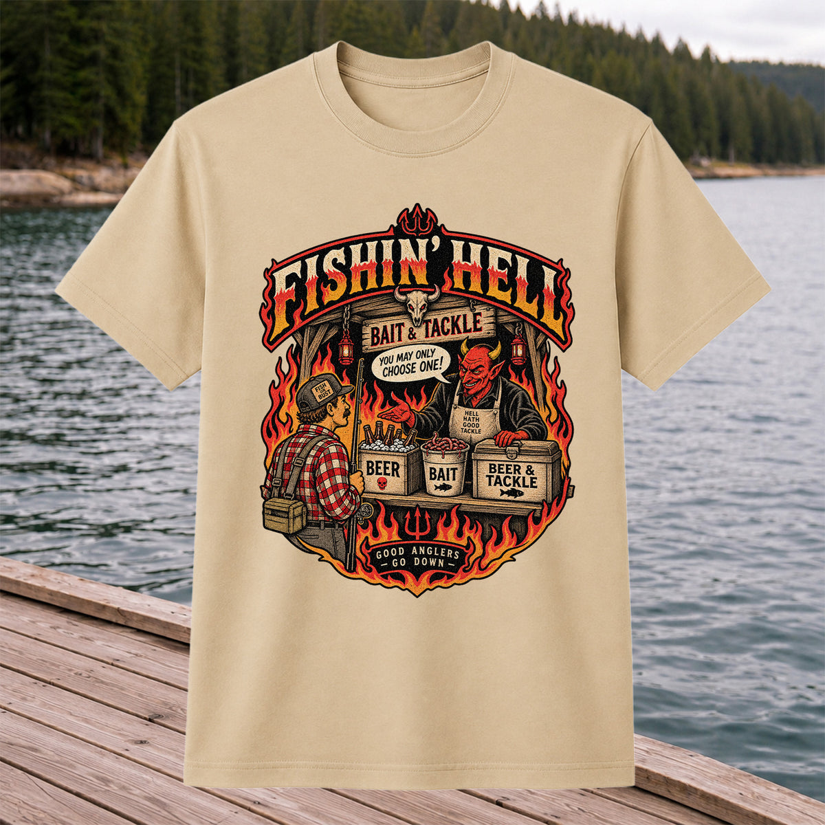 Fishin' Hell Devil Bait and Tackle Funny Fishing T-Shirt