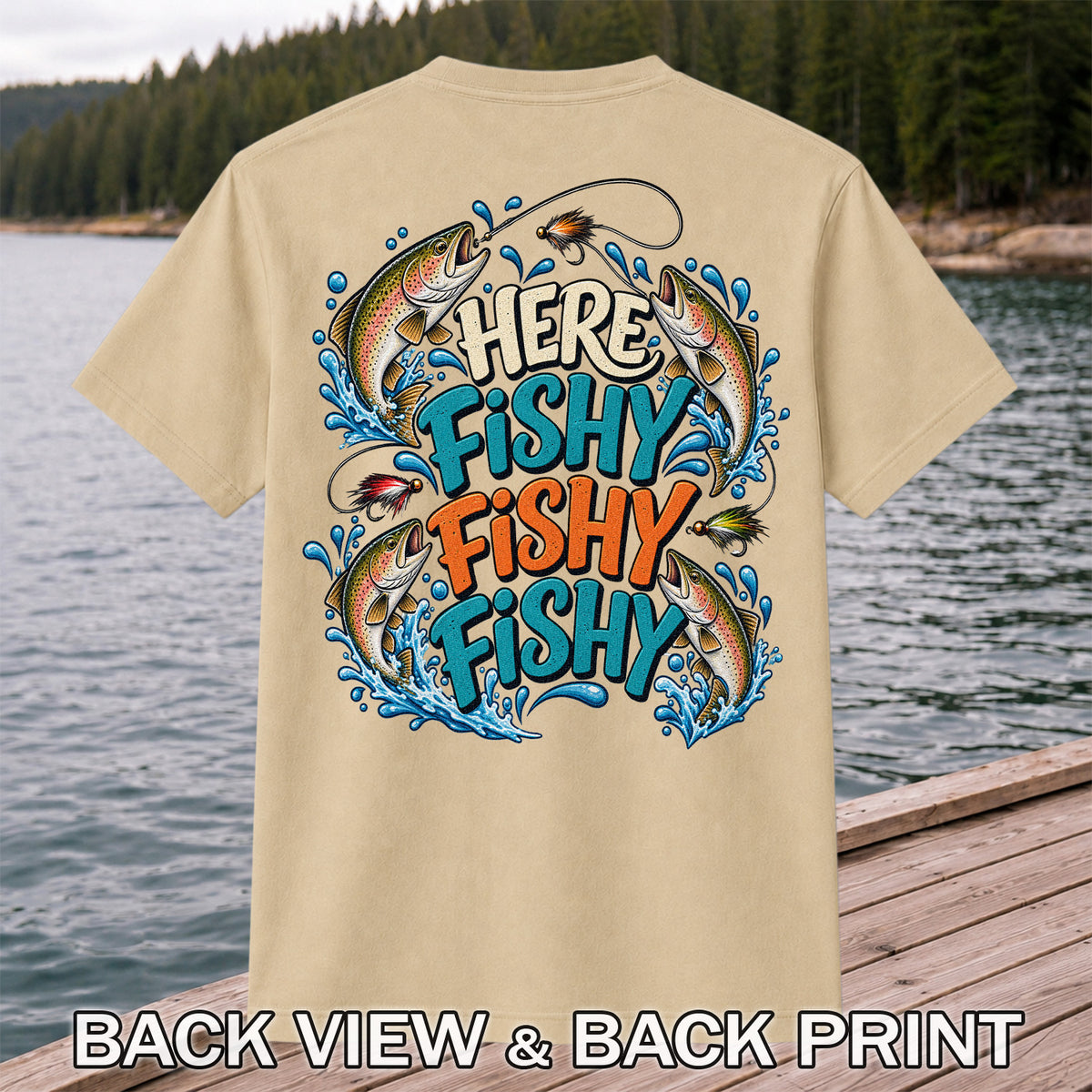 Here Fishy Fishy Fishy Rainbow Trout Funny Fly Fishing T-Shirt | Back Print