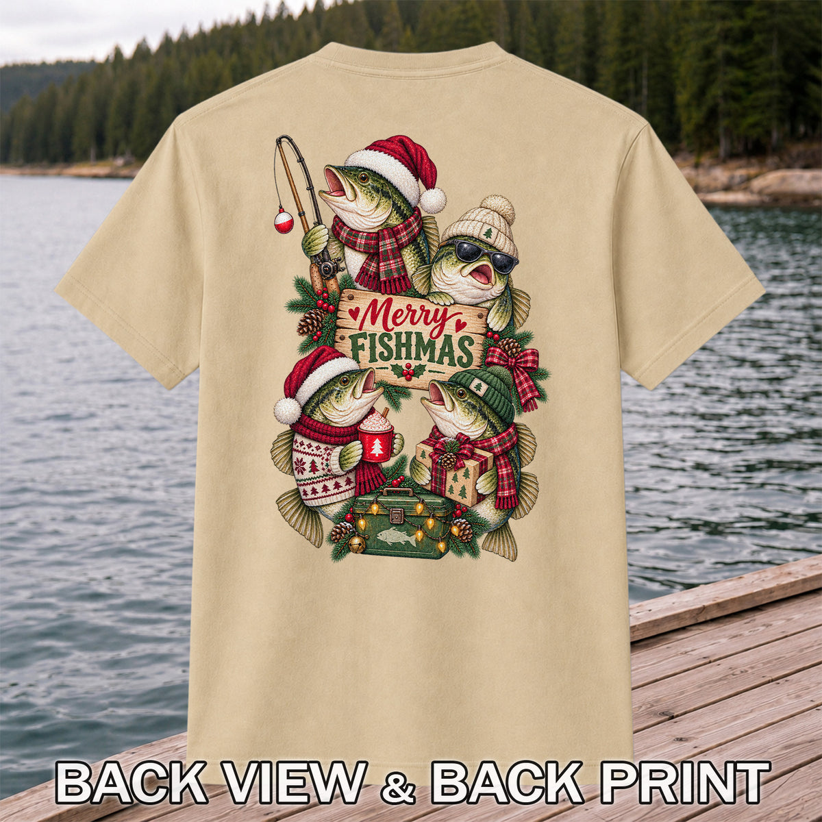 Merry Fishmas Bass Christmas Fishing Graphic T-Shirt | Back Print