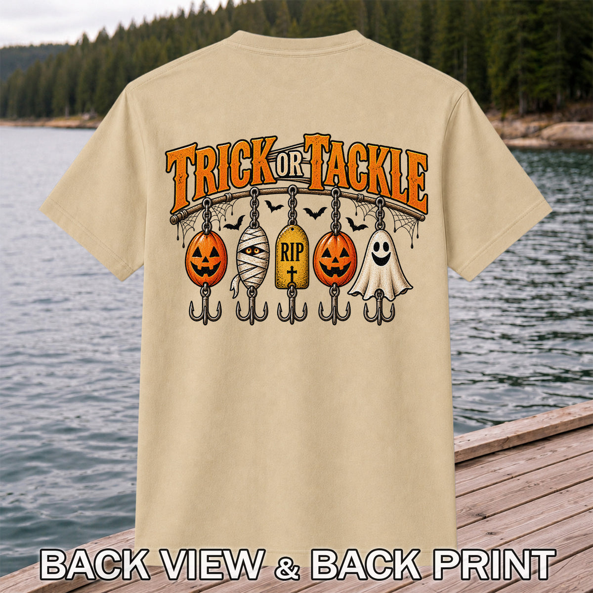 Trick or Tackle Pumpkin Ghost and Mummy Fishing Lures Halloween T-Shirt | Back Print