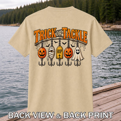 Trick or Tackle Pumpkin Ghost and Mummy Fishing Lures Halloween T-Shirt | Back Print