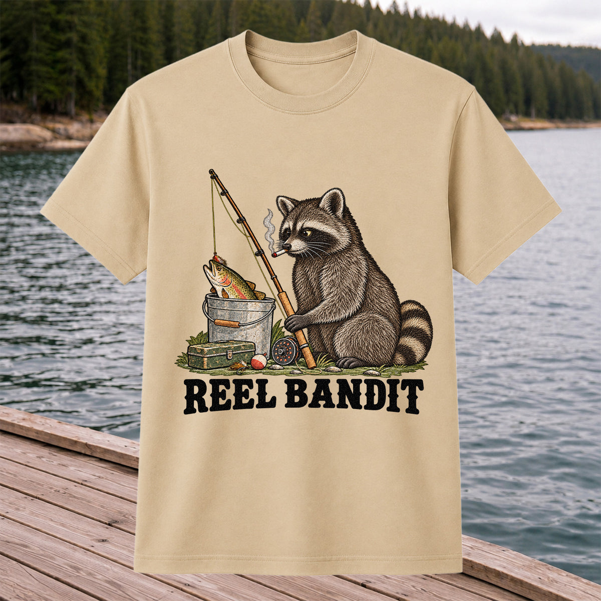 Reel Bandit Smoking Raccoon with Fishing Rod Funny T-Shirt