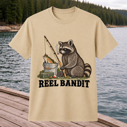 Reel Bandit Smoking Raccoon with Fishing Rod Funny T-Shirt