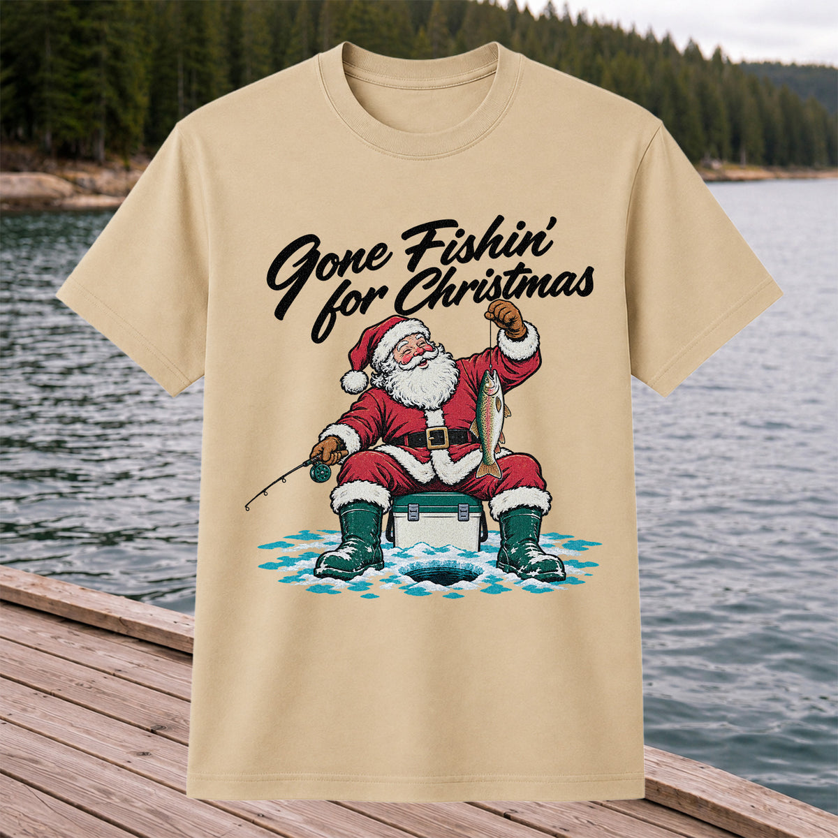 Santa Claus Ice Fishing Christmas Graphic T-Shirt
