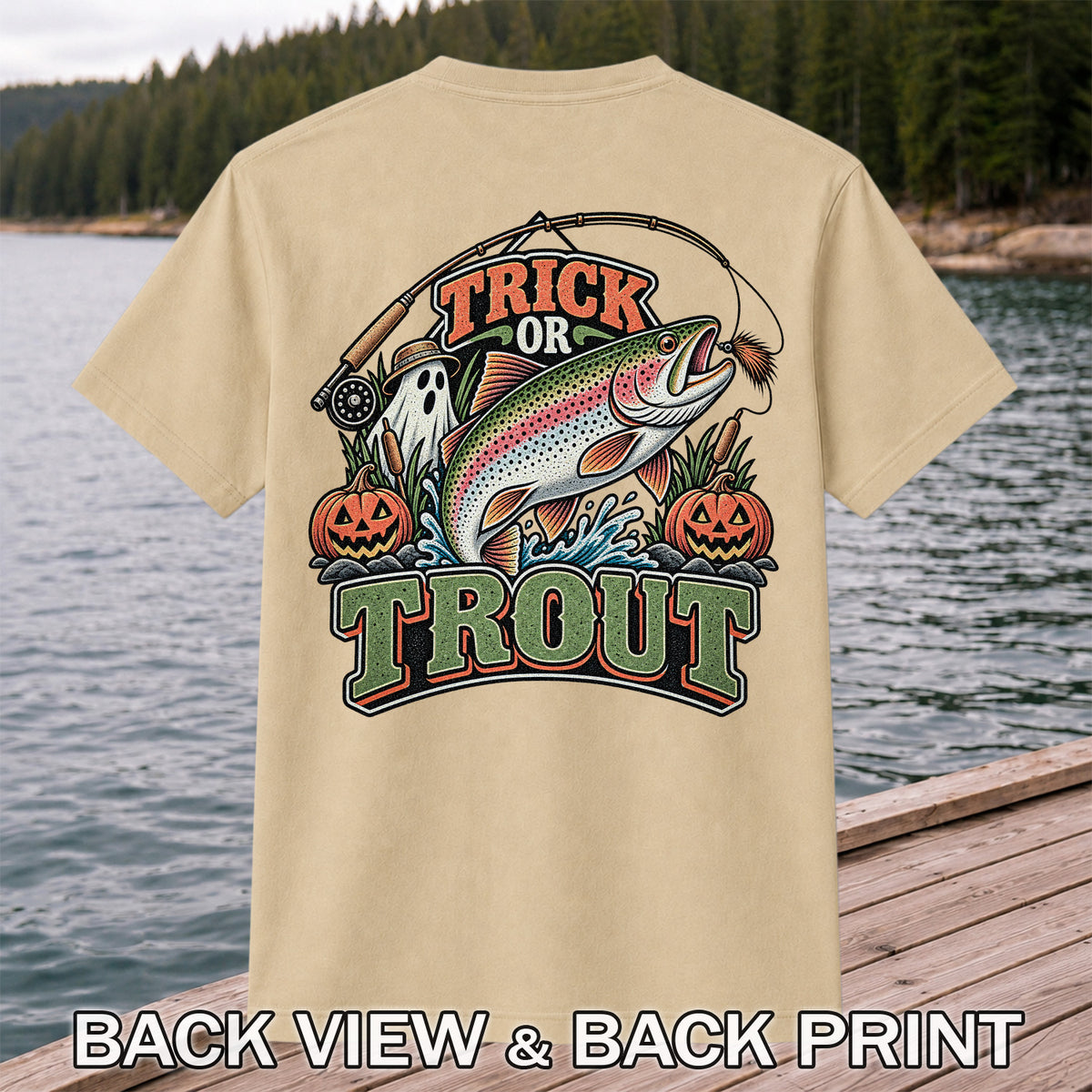 Trick or Trout Rainbow Trout Ghost and Pumpkins Halloween Fishing T-Shirt | Back Print