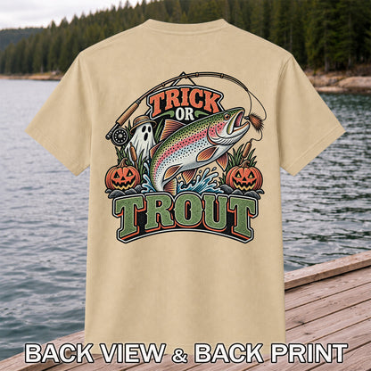 Trick or Trout Rainbow Trout Ghost and Pumpkins Halloween Fishing T-Shirt | Back Print