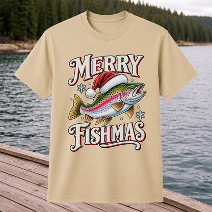 Merry Fishmas Rainbow Trout in a Santa Hat Christmas Fishing T-Shirt