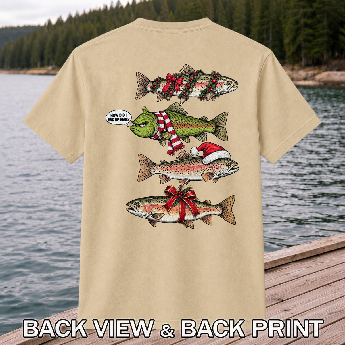 Christmas Trout Fishing Holiday Graphic T-Shirt | Back Print