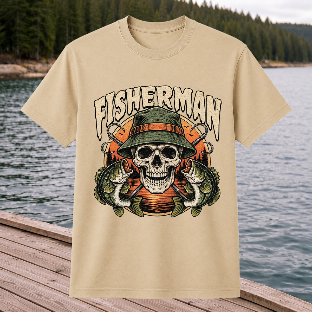 Fisherman Skull with Bucket Hat and Bass Fishing Graphic T-Shirt