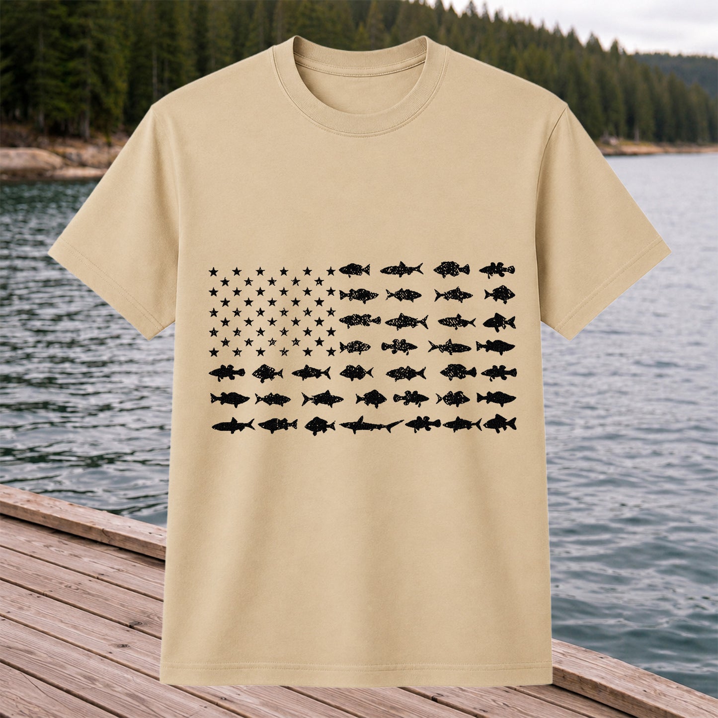 American Flag Made of Fish Silhouettes Fishing Graphic T-Shirt