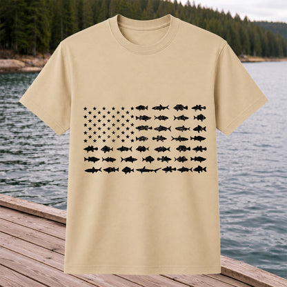 American Flag Made of Fish Silhouettes Fishing Graphic T-Shirt