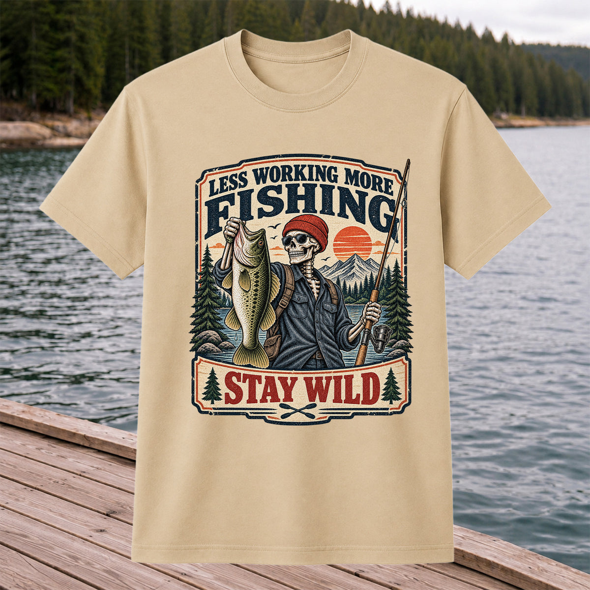 Less Working More Fishing Stay Wild Skeleton Bass Fishing T-Shirt