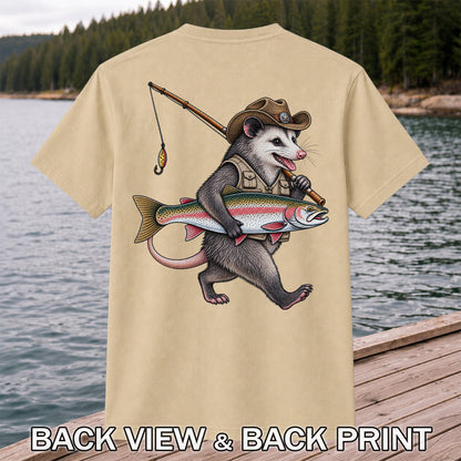 Cowboy Opossum Holding Rainbow Trout Fishing Graphic T-Shirt | Back Print
