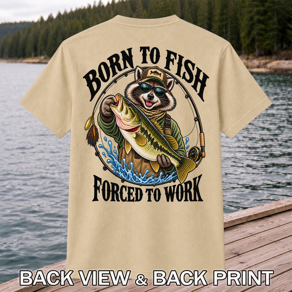 Born to Fish Forced to Work Raccoon Bass Graphic T-Shirt | Back Print