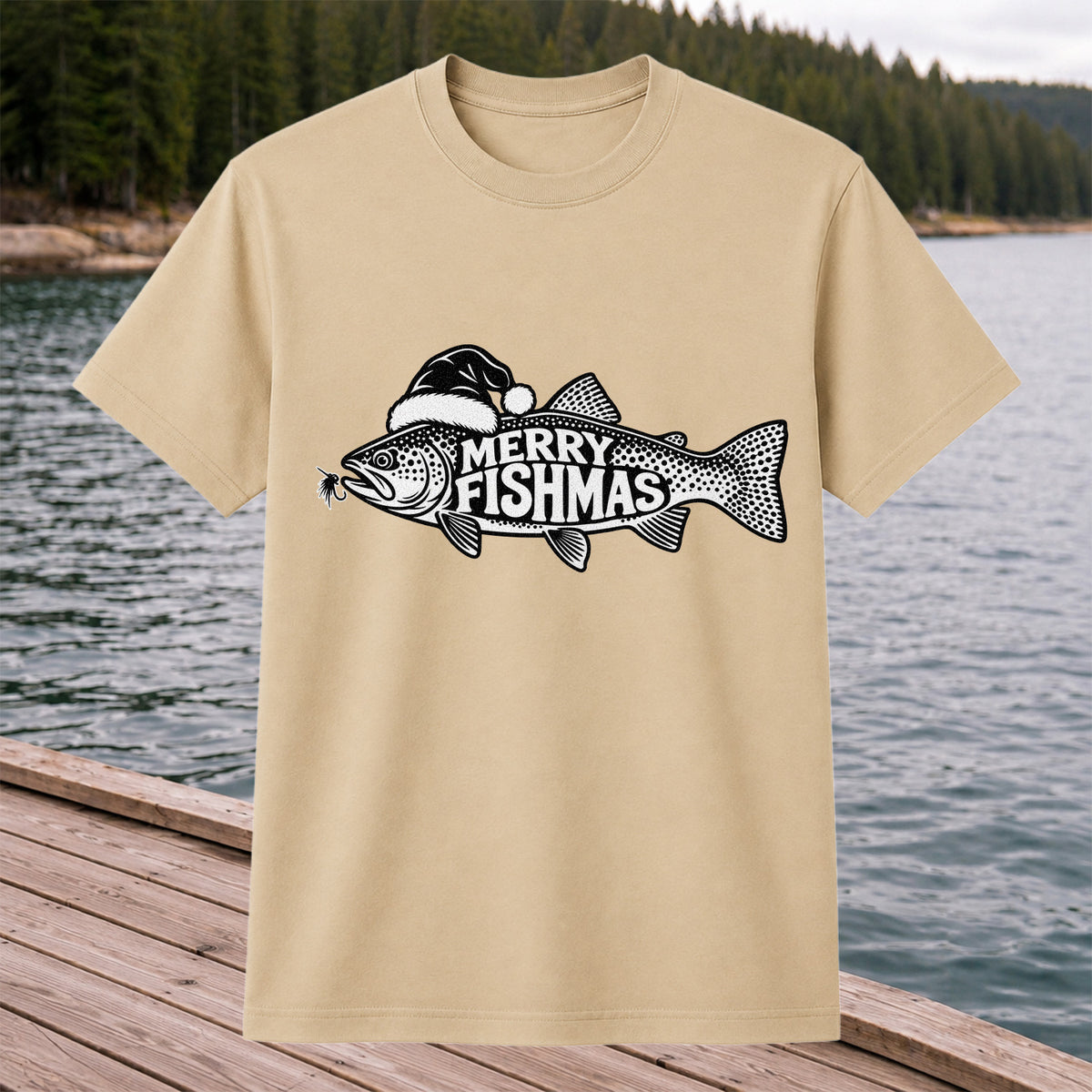 Merry Fishmas Black and White Trout Christmas Fishing T-Shirt