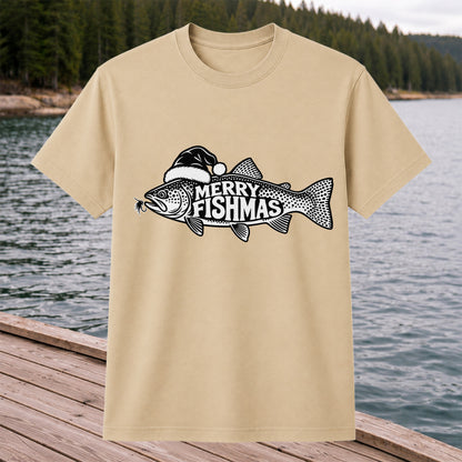 Merry Fishmas Black and White Trout Christmas Fishing T-Shirt