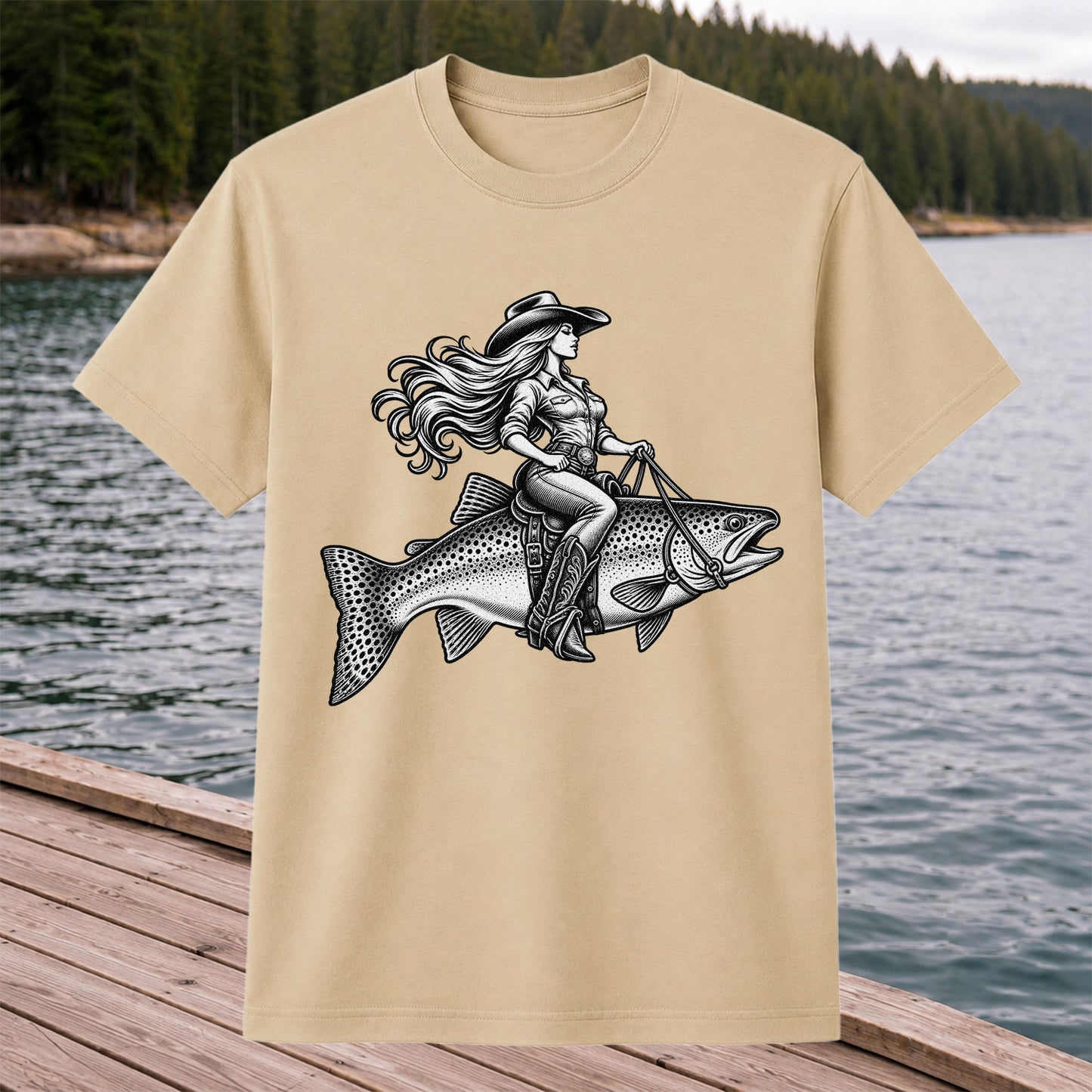 Cowgirl Riding a Trout Western Fishing Graphic T-Shirt