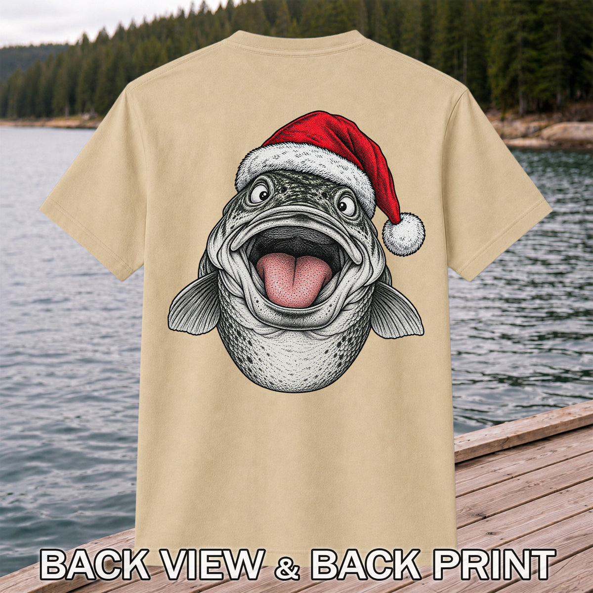 Funny Santa Hat Trout Christmas Fishing Graphic T-Shirt | Back Print