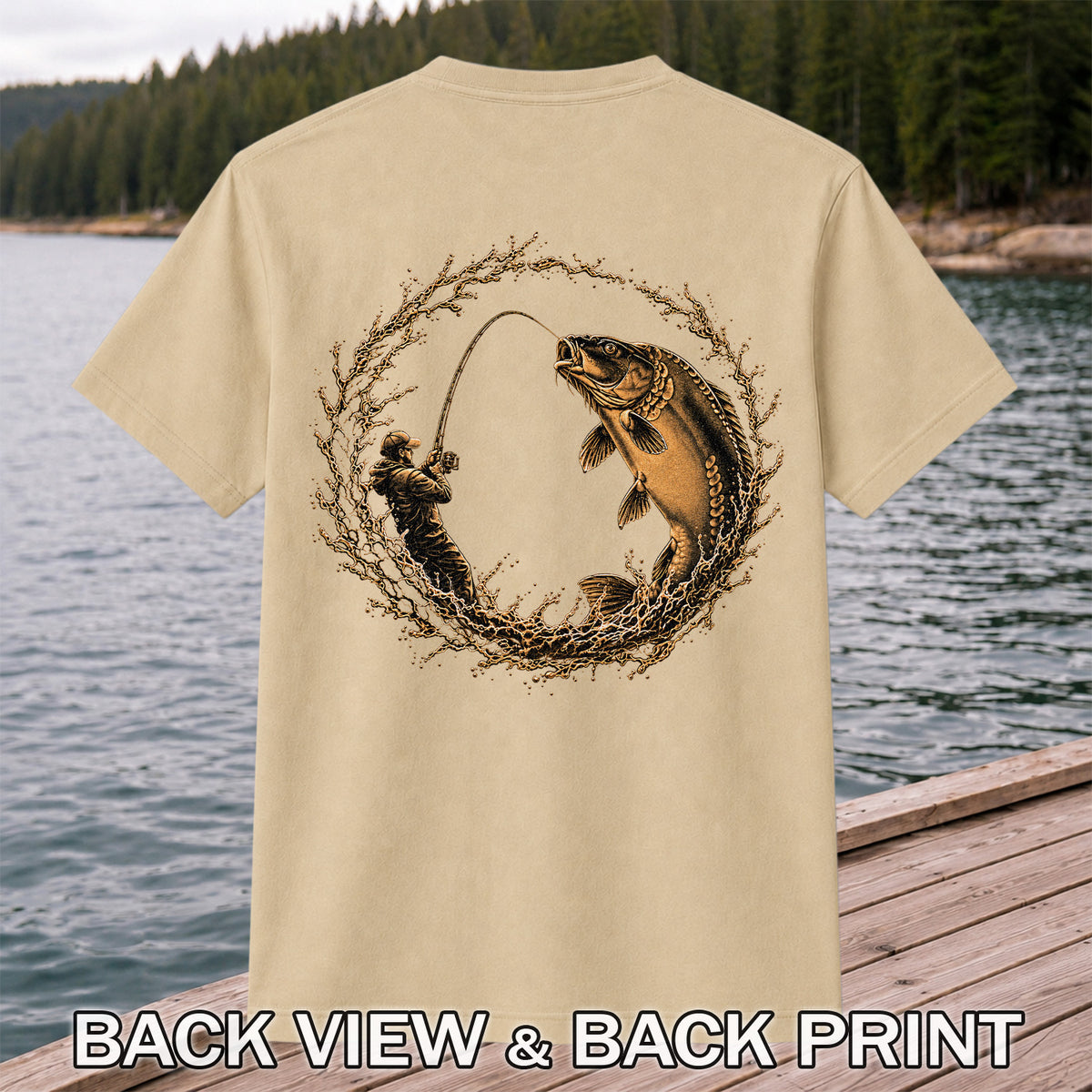 Leaping Carp and Angler Water Splash Fishing Graphic T-Shirt | Back Print