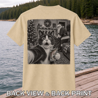Christmas Cat Holding a Fish Mug Holiday Graphic T-Shirt | Back Print