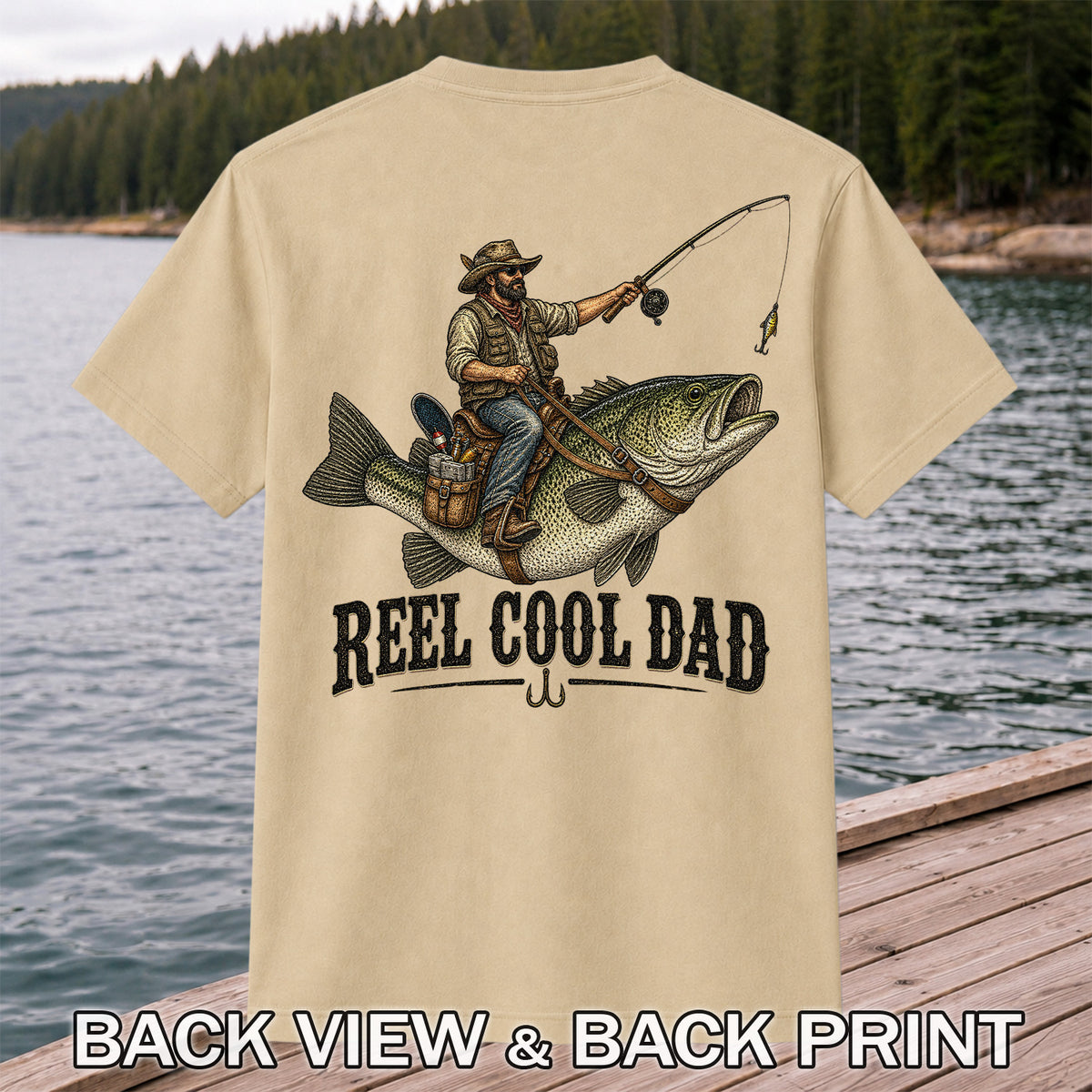 Reel Cool Dad Cowboy Riding a Bass Fishing Graphic T-Shirt | Back Print