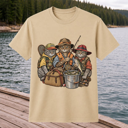 Three Fishing Cats with Rod and Catch Vintage Graphic T-Shirt