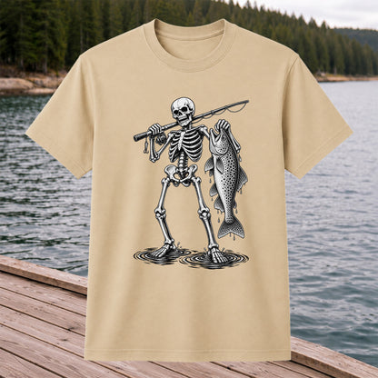Skeleton Angler Holding a Trout Fishing Graphic T-Shirt