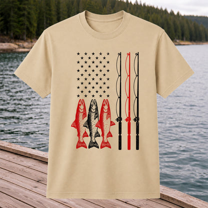 American Flag Trout and Fishing Rods Patriotic T-Shirt