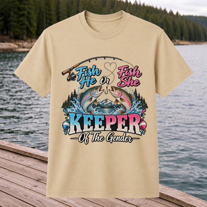 Fish He or Fish She Keeper of the Gender Rainbow Trout Fishing Gender Reveal T-Shirt