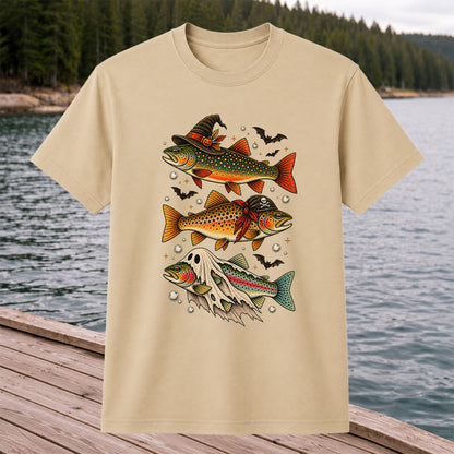 Halloween Trout Trio Witch Pirate and Ghost Fishing T-Shirt