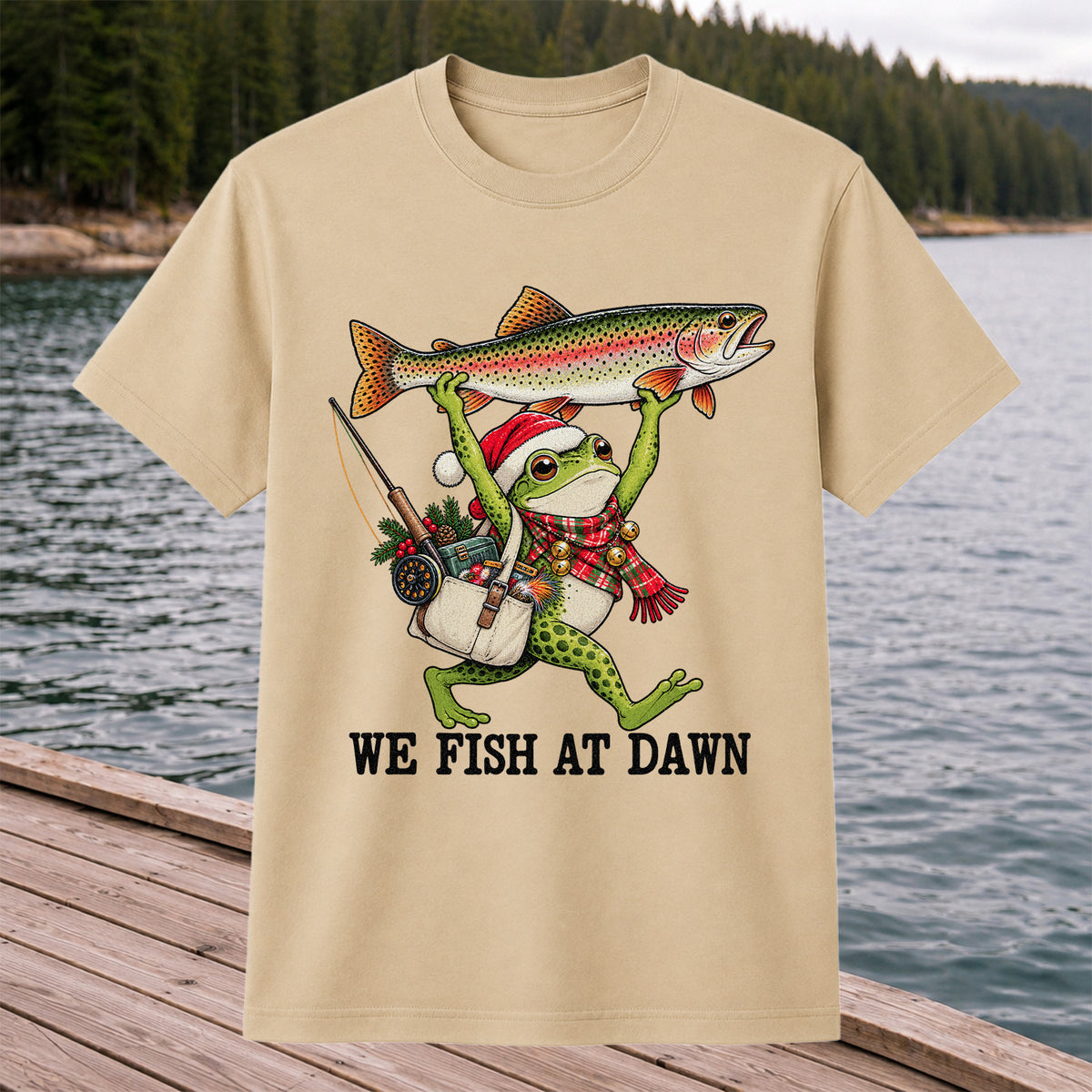 Frog Holding Rainbow Trout Fishing at Dawn Graphic T-Shirt