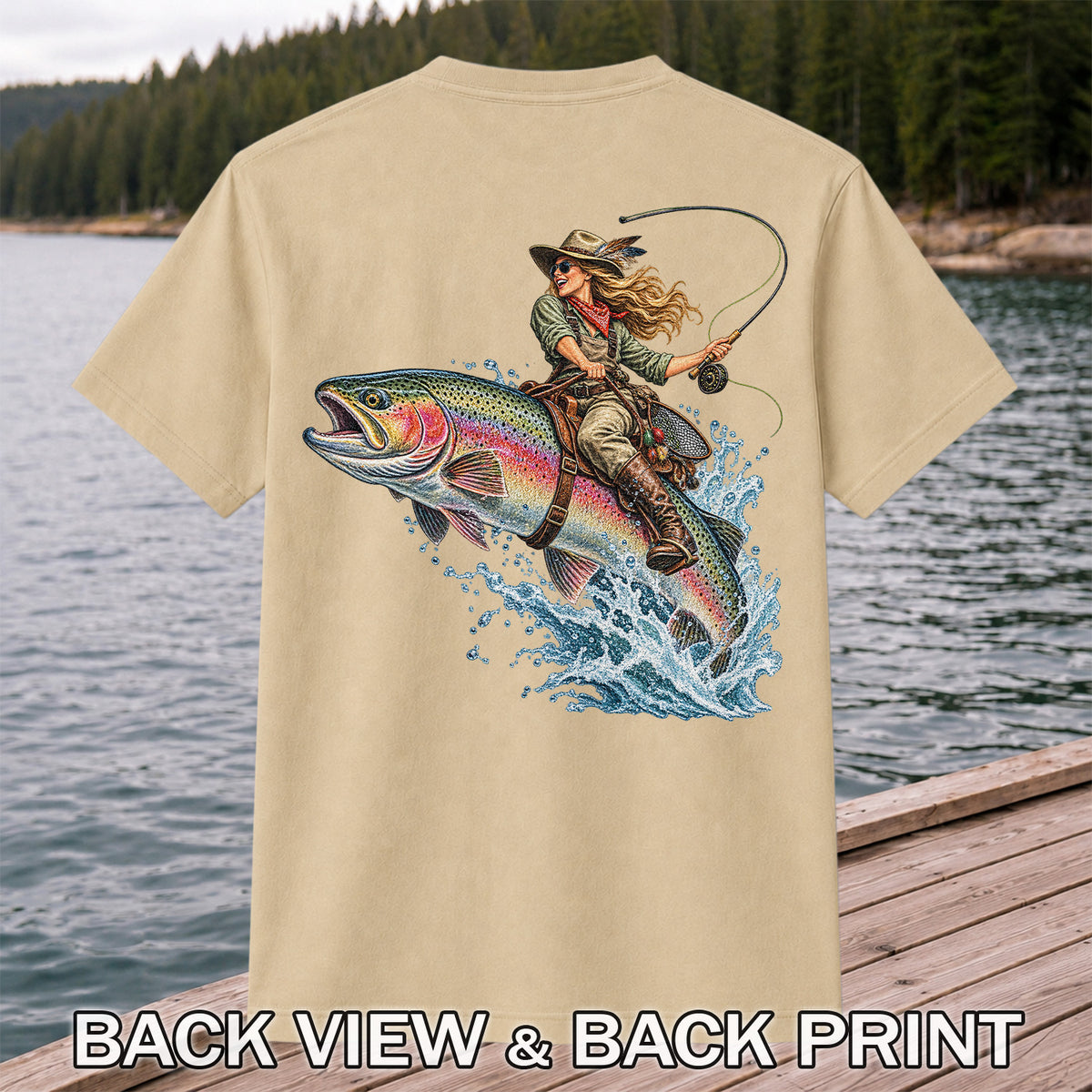 Cowgirl Riding a Rainbow Trout Fly Fishing Graphic T-Shirt | Back Print
