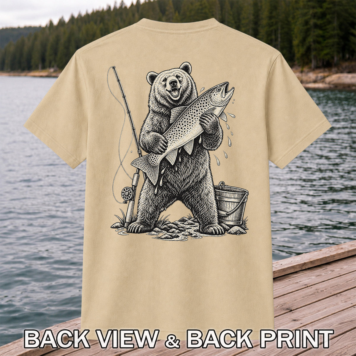 Bear Holding Trout Fishing Graphic T-Shirt | Back Print