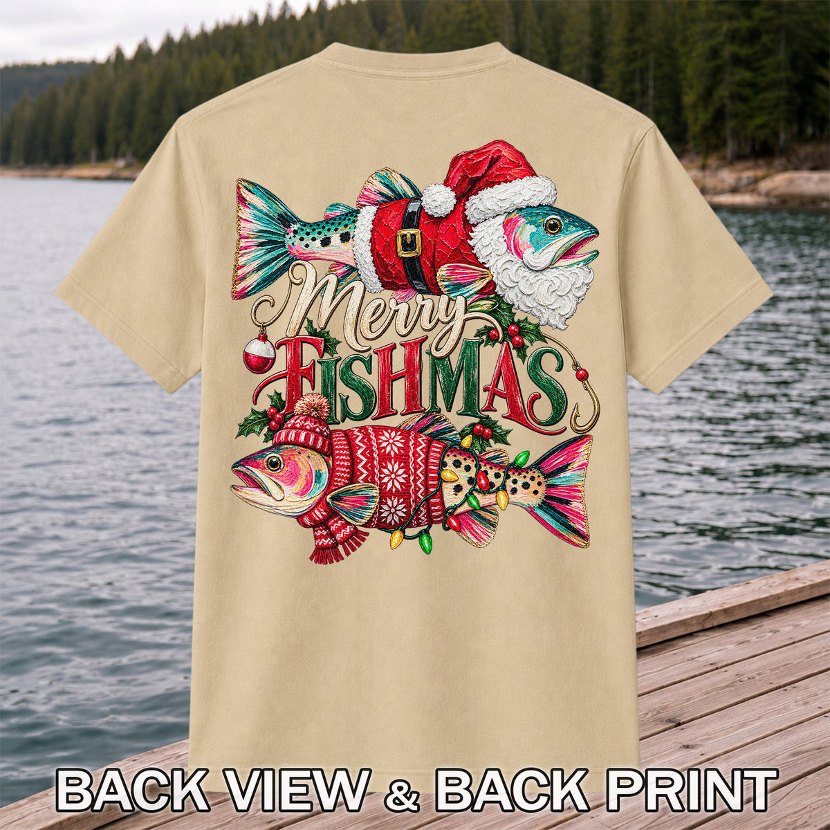 Merry Fishmas Santa Fish Christmas Fishing Graphic T-Shirt | Back Print