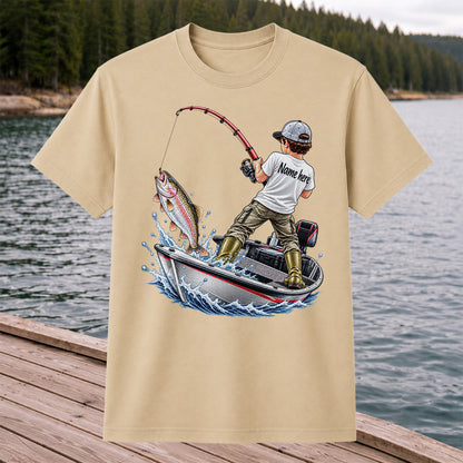 Personalized Boy Fishing Boat and Rainbow Trout Graphic T-Shirt