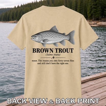 Brown Trout Forty-Seven Flies Funny Fly Fishing Graphic T-Shirt | Back Print