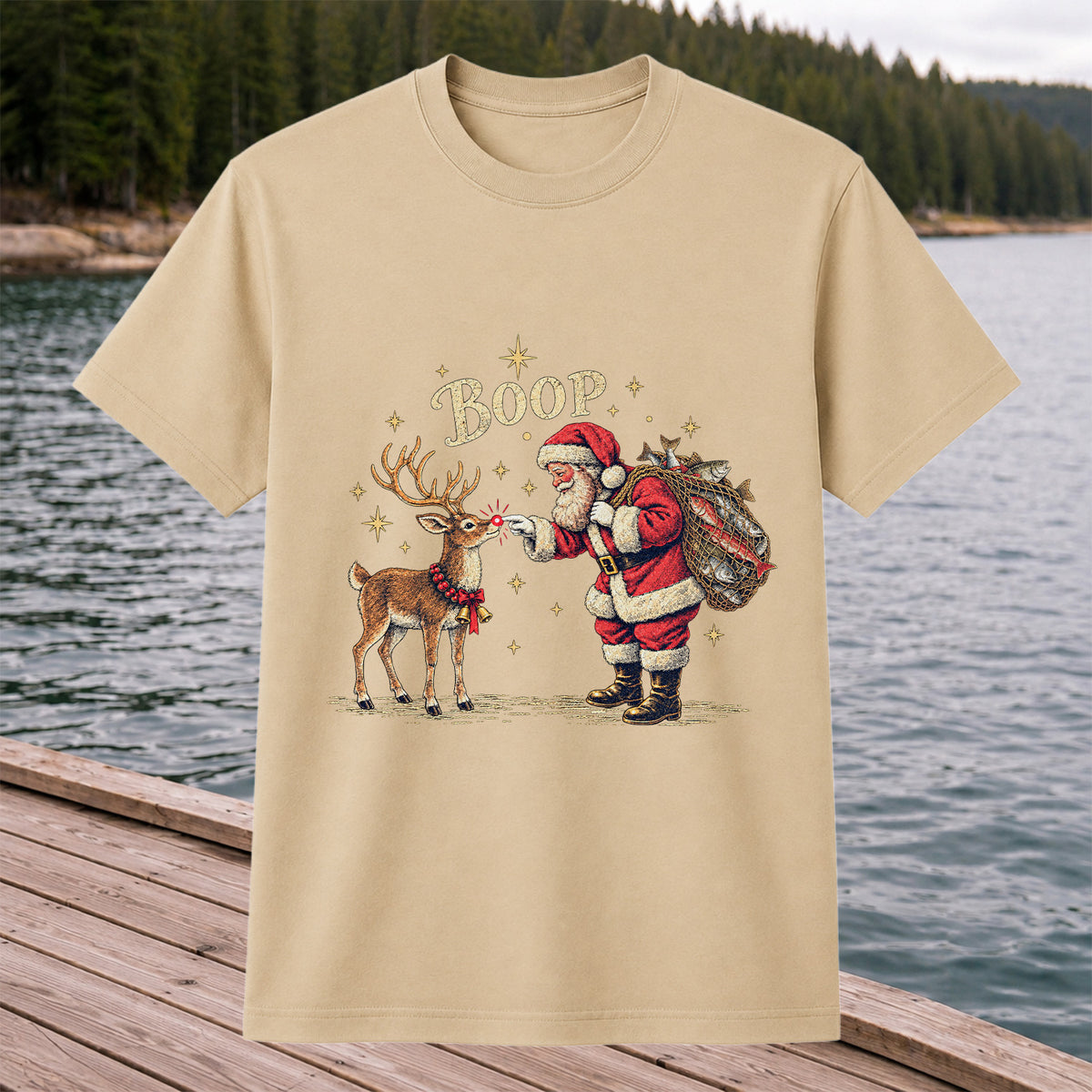 Santa and Reindeer Fishing Christmas Graphic T-Shirt
