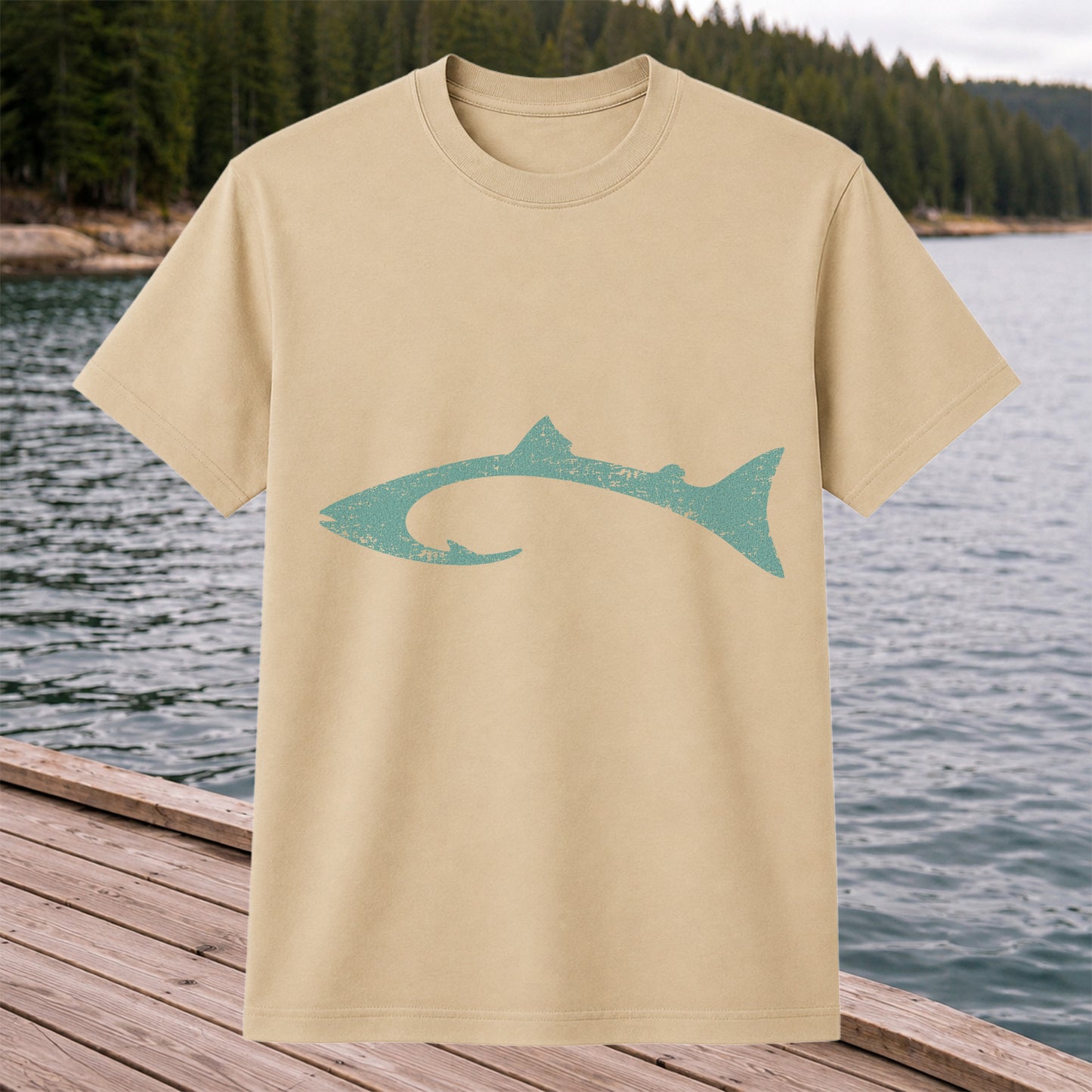 Distressed Salmon Fish Hook Silhouette Fishing T-Shirt