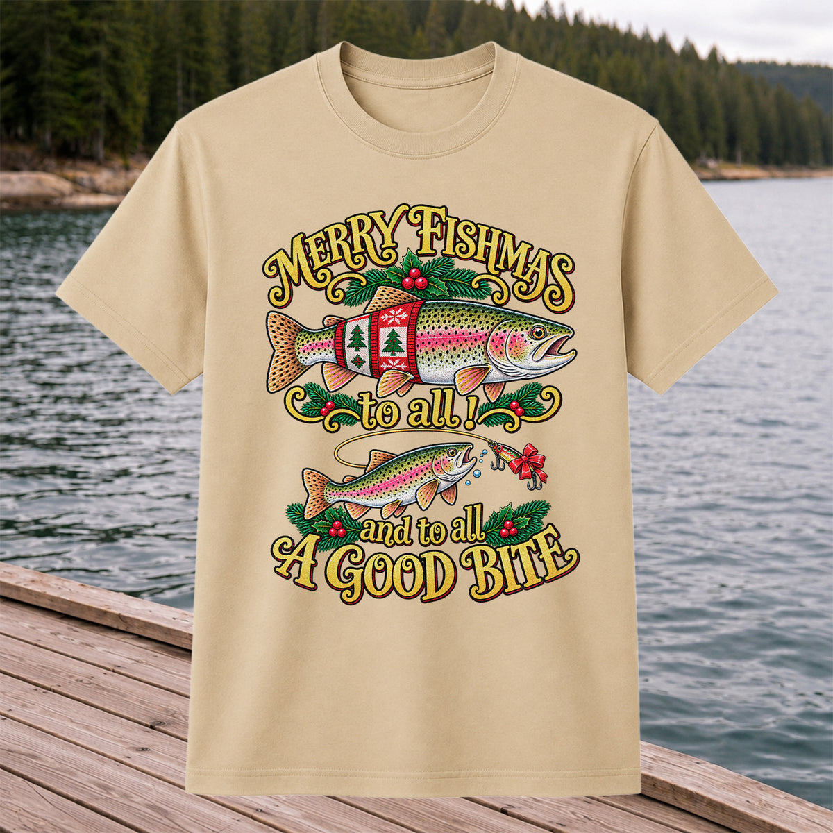 Merry Fishmas to All and to All a Good Bite Rainbow Trout Christmas Fishing T-Shirt