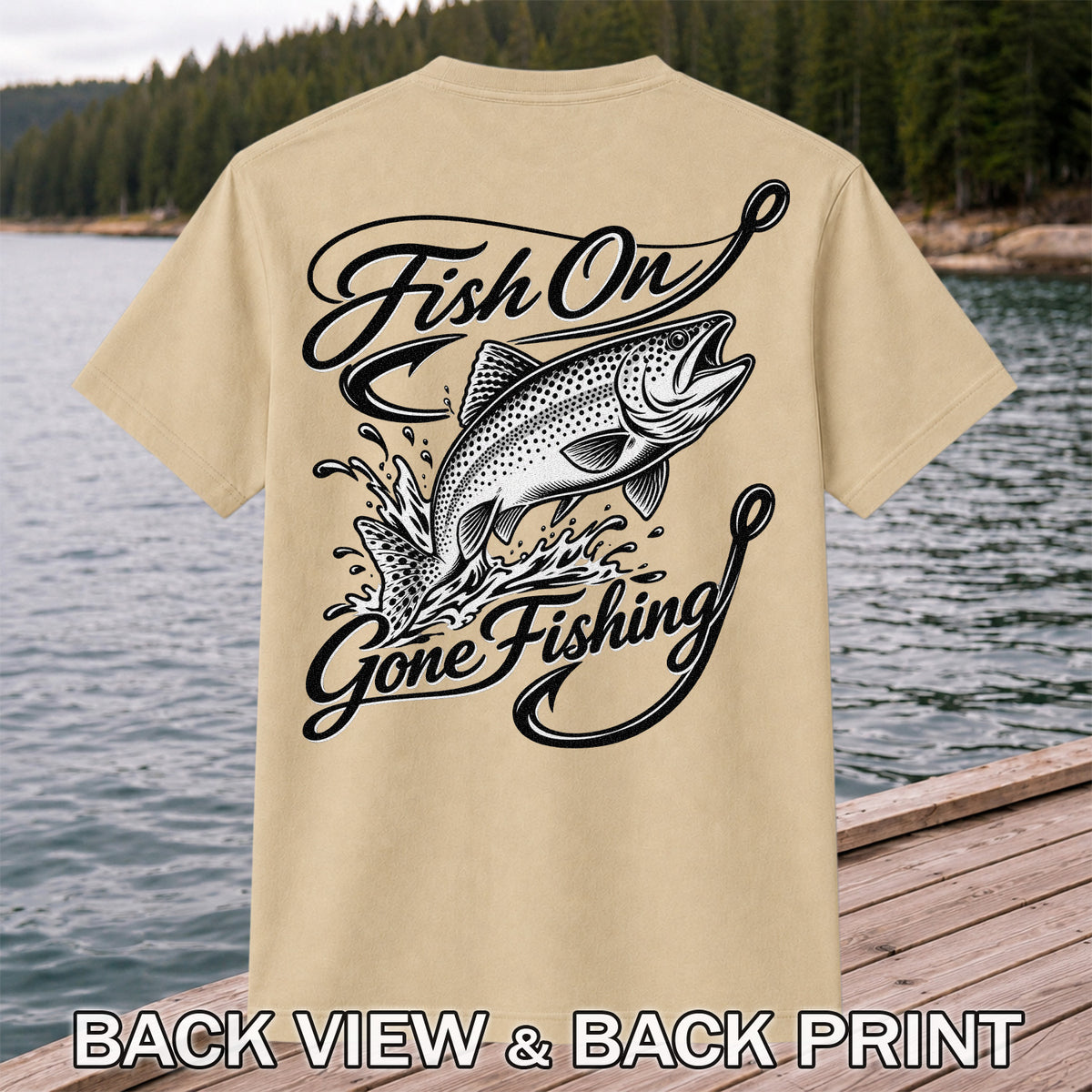Fish On Gone Fishing Jumping Trout Graphic T-Shirt | Back Print