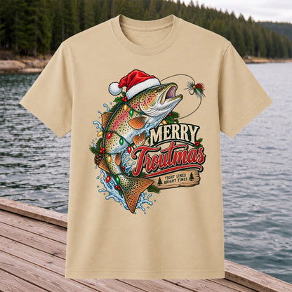 Merry Troutmas Tight Lines Bright Times Santa Hat Rainbow Trout Fishing T-Shirt