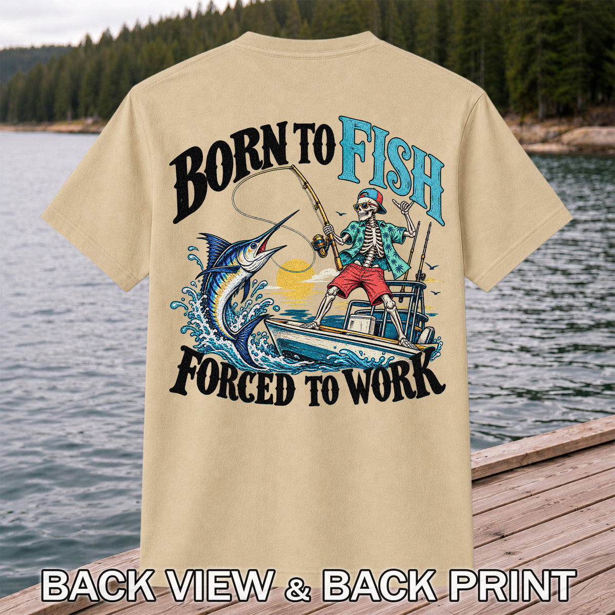 Skeleton Marlin Fishing Boat Graphic T-Shirt | Back Print