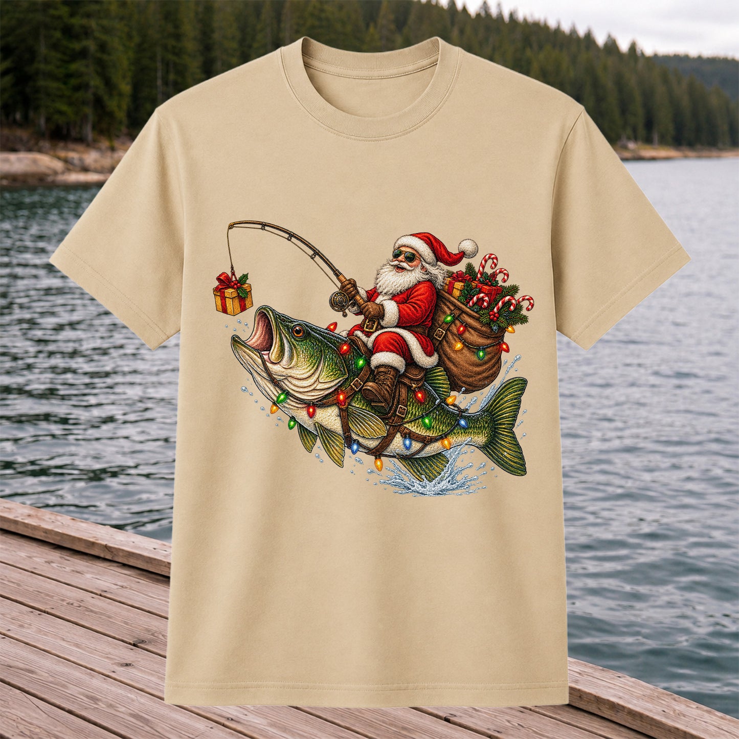 Santa Riding a Largemouth Bass Christmas Fishing Graphic T-Shirt
