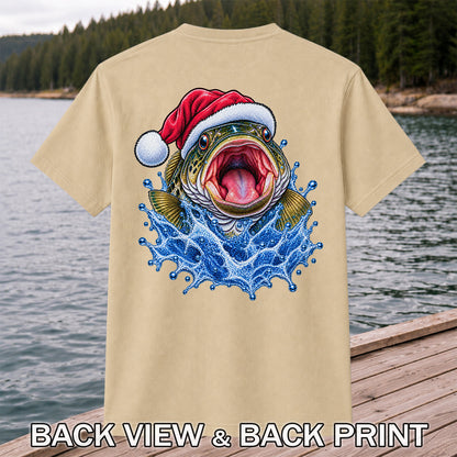 Santa Hat Bass Splash Fishing Graphic T-Shirt | Back Print