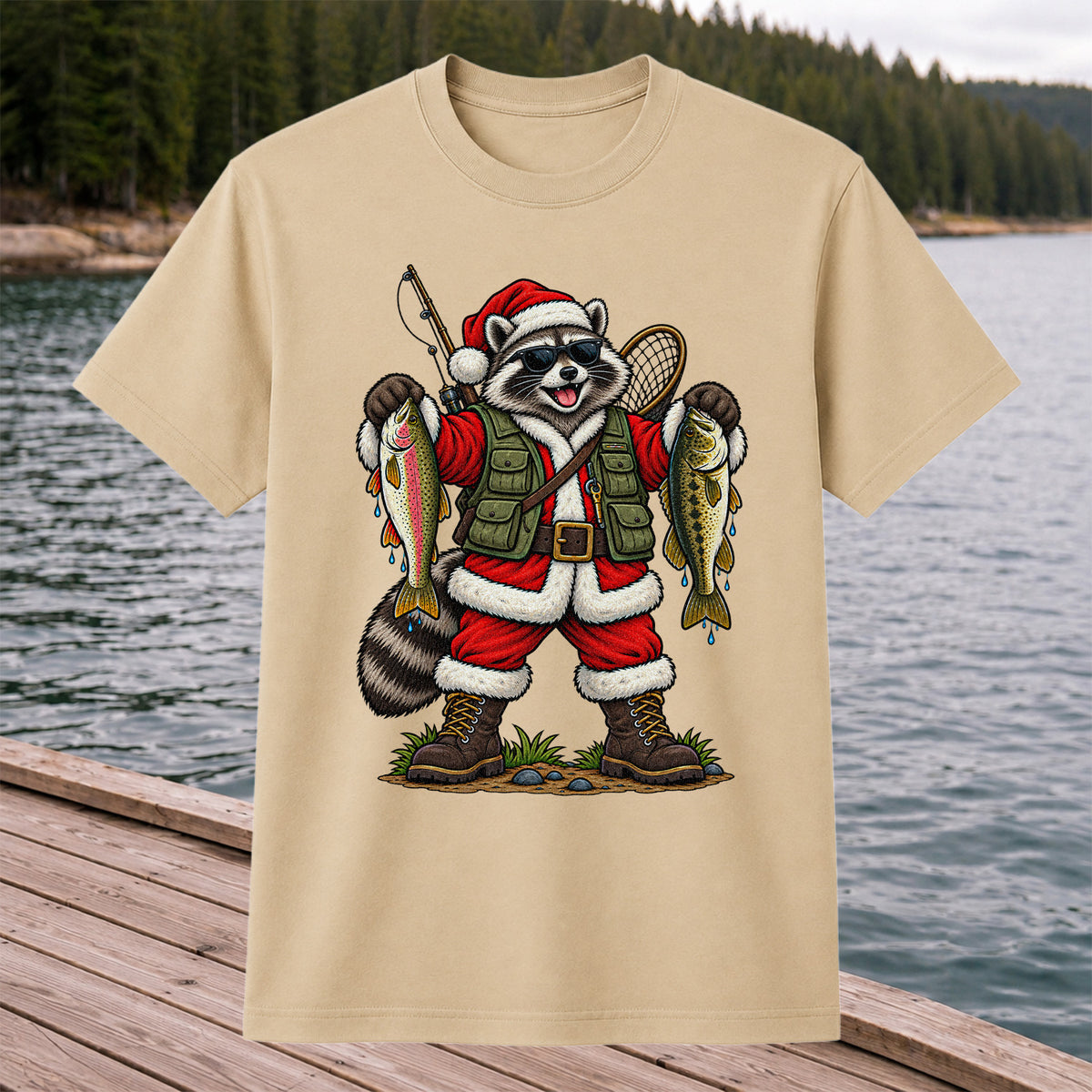 Santa Raccoon Holding Trout and Bass Christmas Fishing T-Shirt