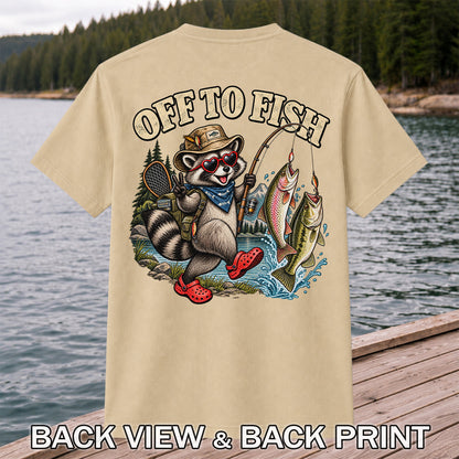 Off to Fish Raccoon with Trout and Bass Fishing T-Shirt | Back Print